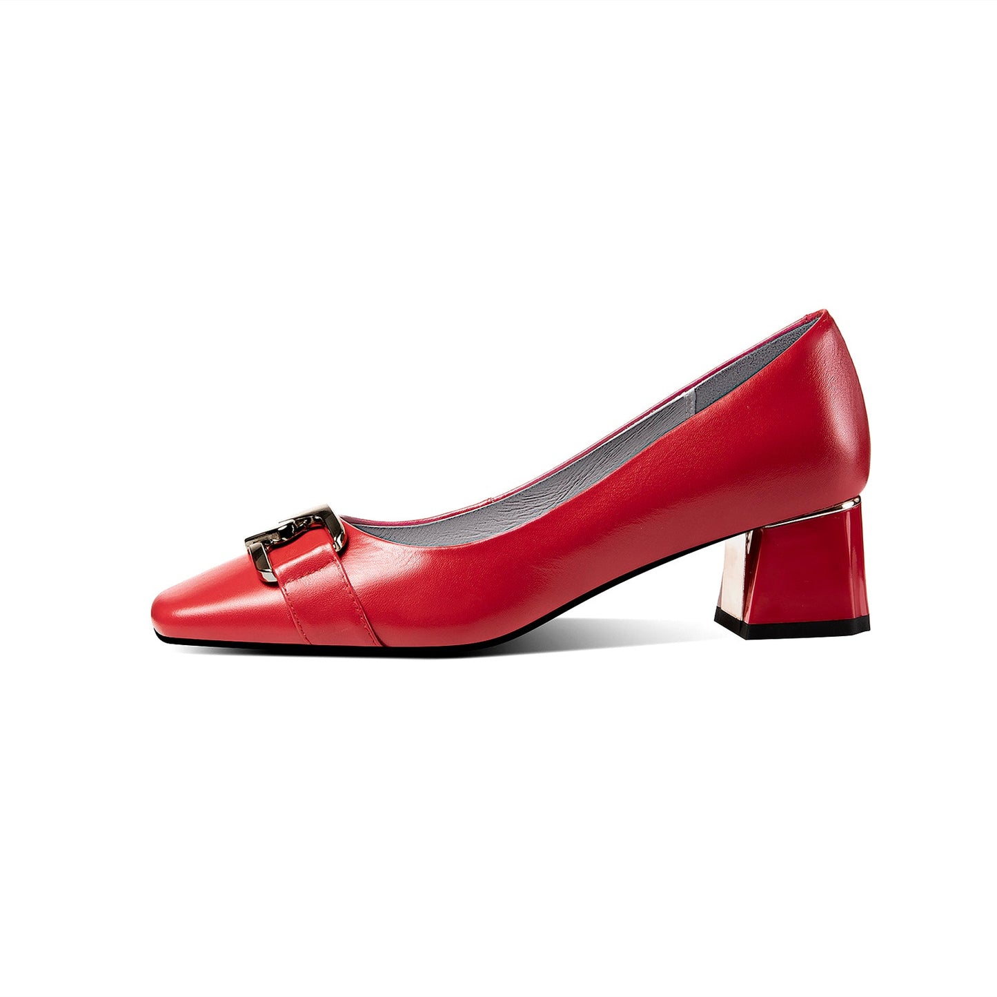 Nine Seven Women's Genuine Leather Handmade Slip On Block Heel Square Toe Pump Shoes with Unique Metal Pattern