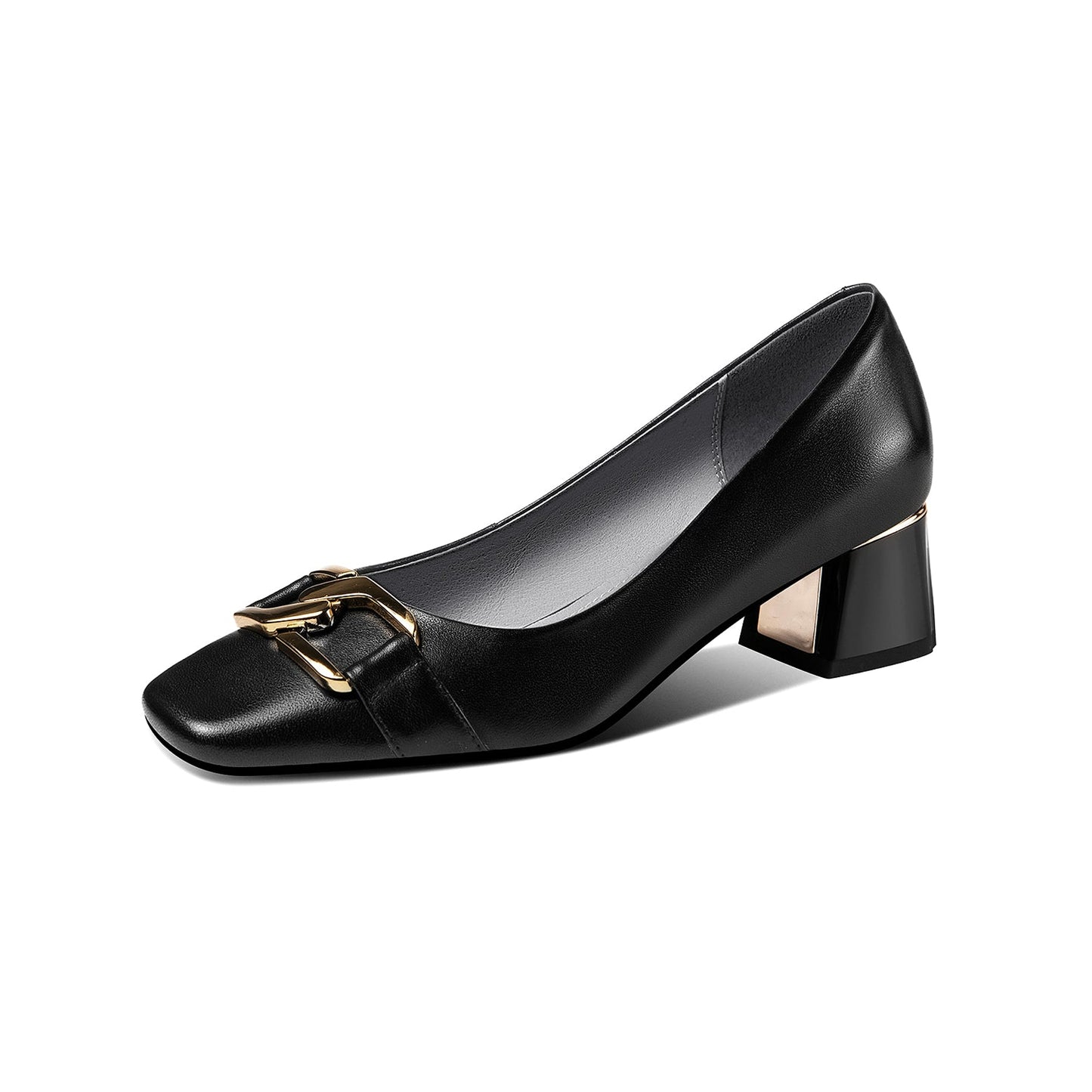 Nine Seven Women's Genuine Leather Handmade Slip On Block Heel Square Toe Pump Shoes with Unique Metal Pattern