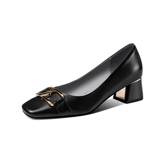 Nine Seven Women's Genuine Leather Handmade Slip On Block Heel Square Toe Pump Shoes with Unique Metal Pattern