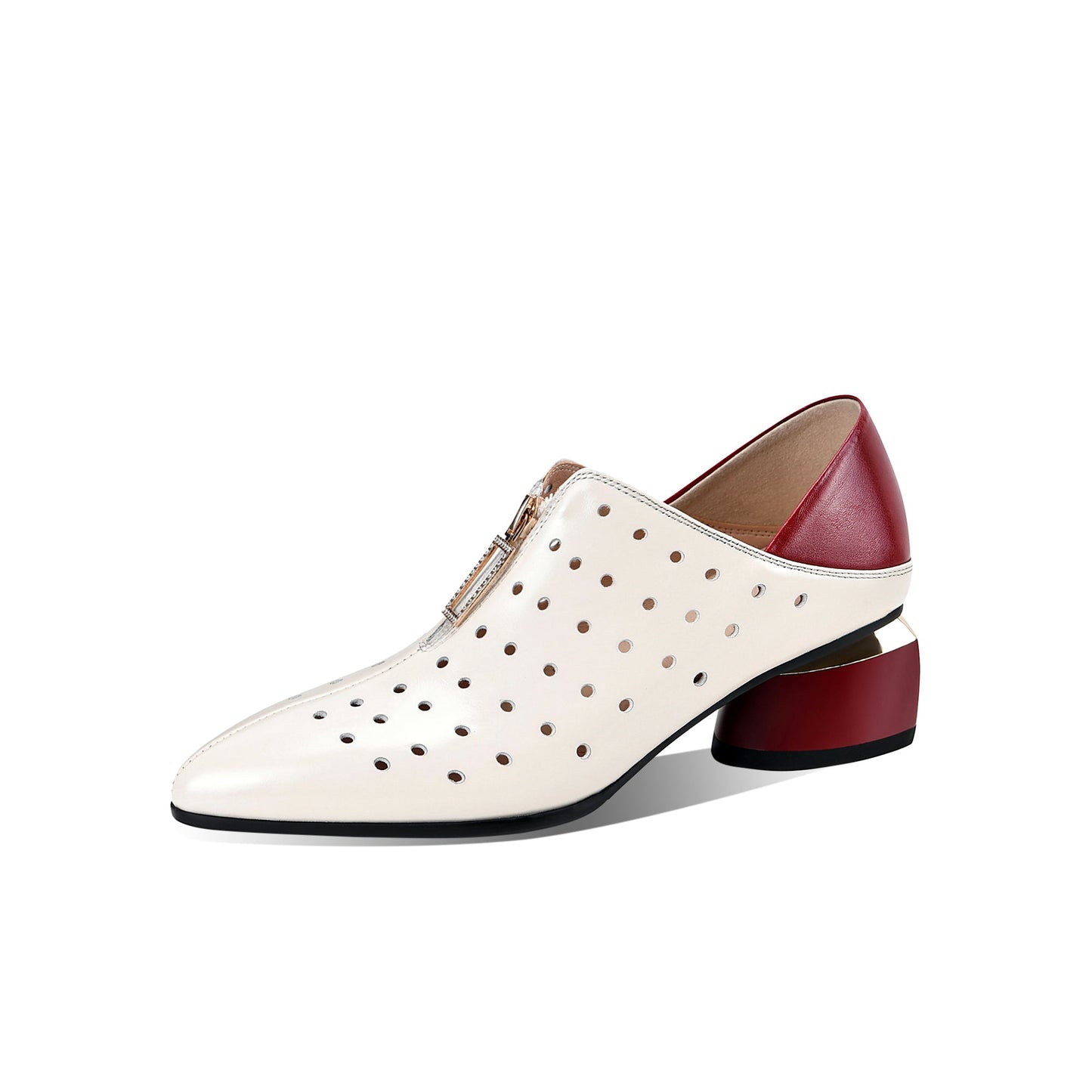Nine Seven Women's Genuine Leather with Breathable Holes Handmade Front Zipper Low Chunky Heel Stylish Pumps Shoes