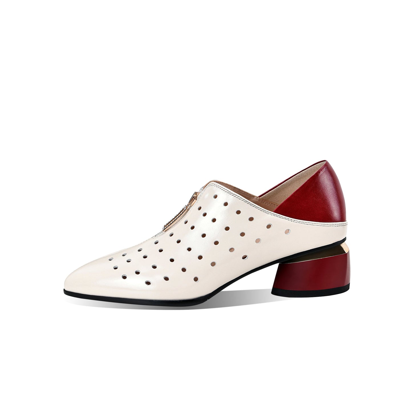 Nine Seven Women's Genuine Leather with Breathable Holes Handmade Front Zipper Low Chunky Heel Stylish Pumps Shoes