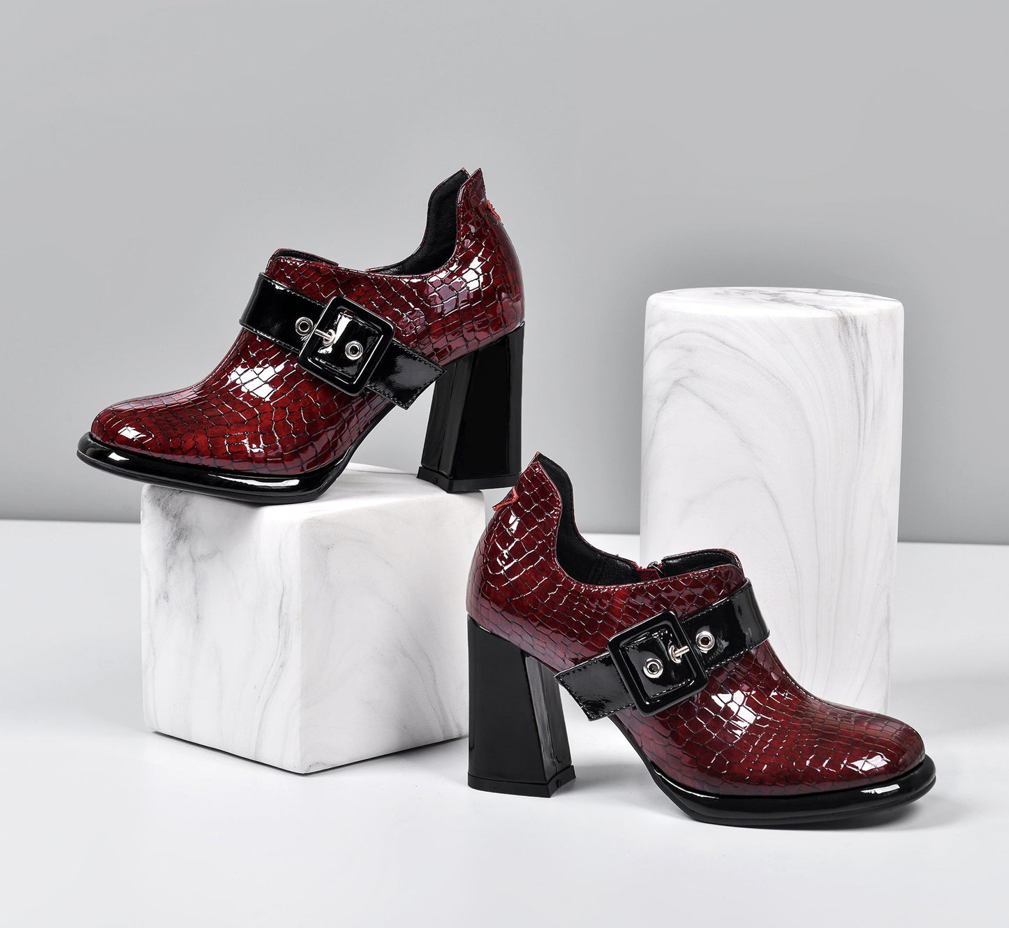 Nine Seven Women's Handmade Patent Leather Round Toe Zip Up High Chunky Heel Chic Pumps Shoes with Buckle