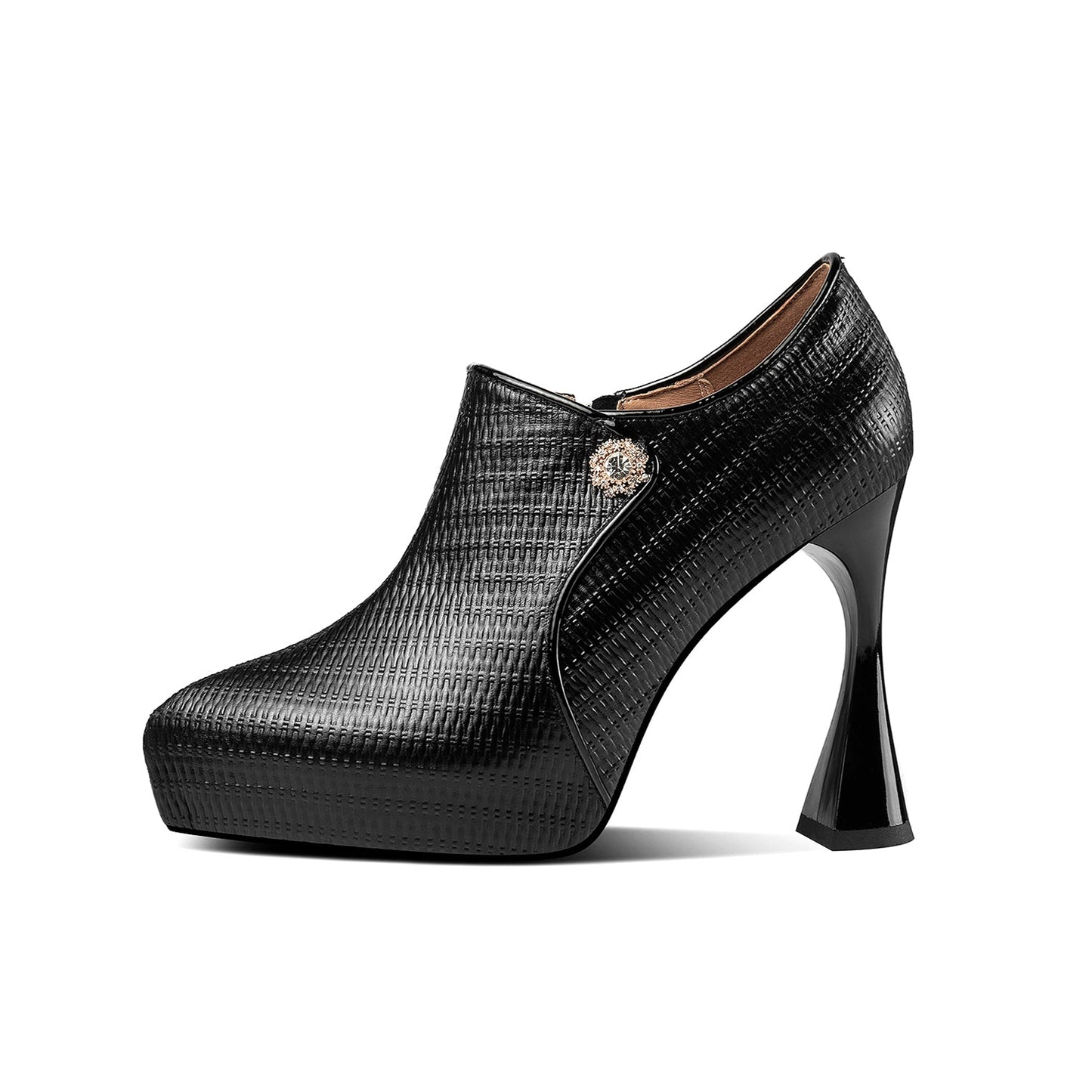 Nine Seven Pointed Toe Handmade Women's Genuine Leather High Spool Heel Side Zip Platform Pumps