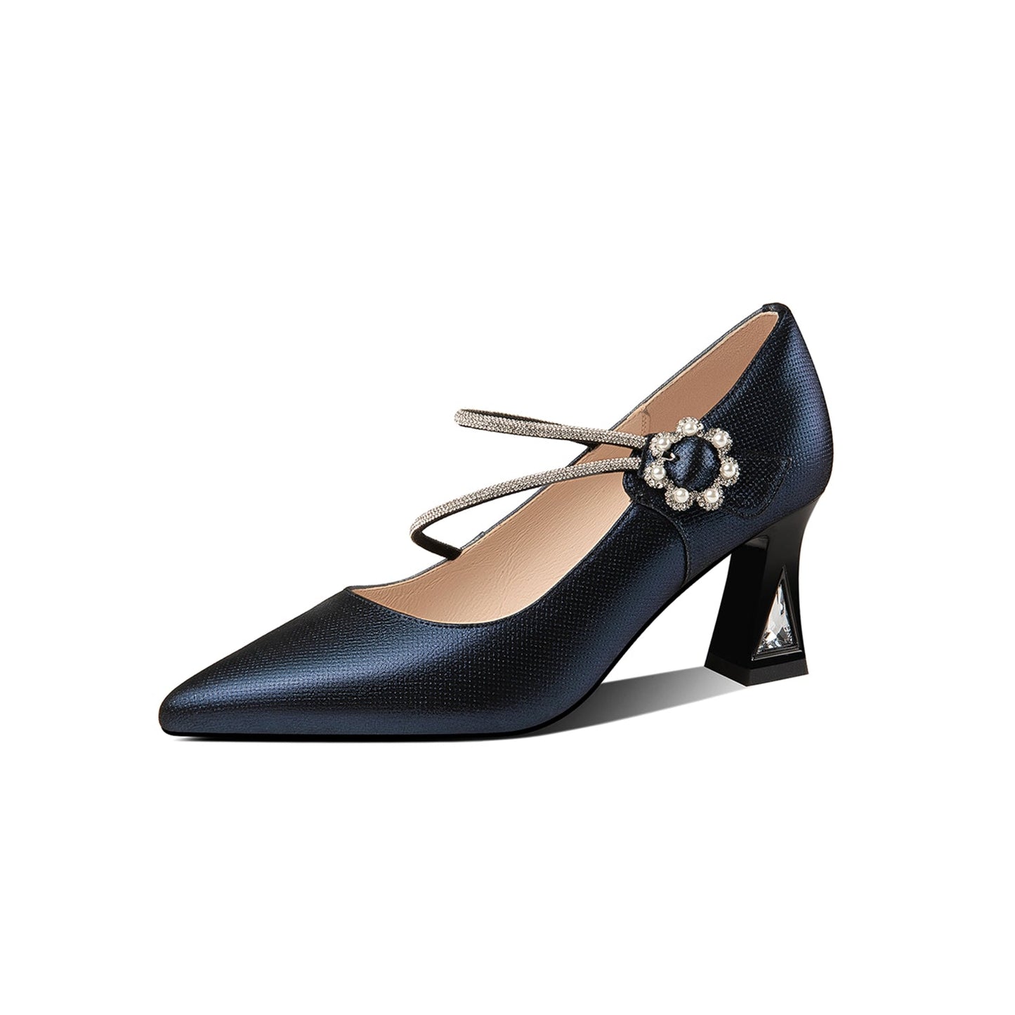 Nine Seven Women's Pointed Toe Genuine Leather Handmade Flower Buckle Mid Chunky Heels Graceful Pumps Shoes