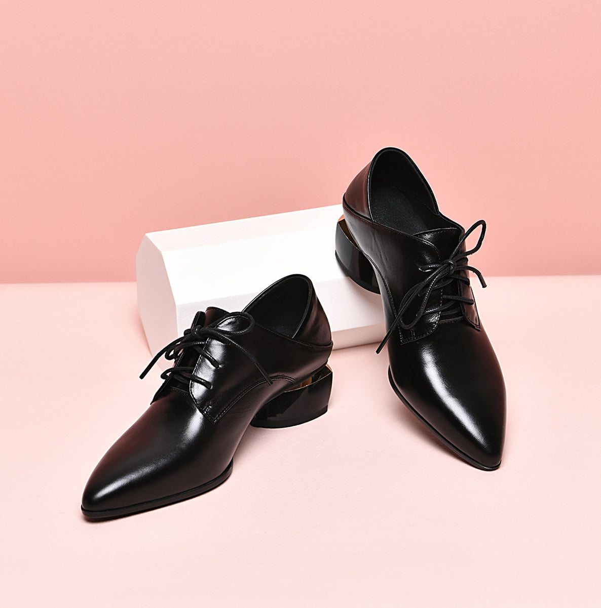 Nine Seven Women's Genuine Leather Pointed Toe Handmade Lace Up Low Chunky Heel Office Shoes