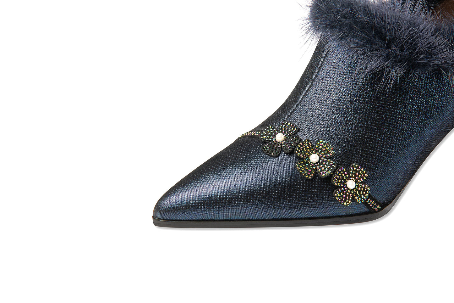 Nine Seven Handmade Women's Genuine Leather Furry Floral Side Zip Pointed Toe Mid Spool Rhinestone Heel Pumps