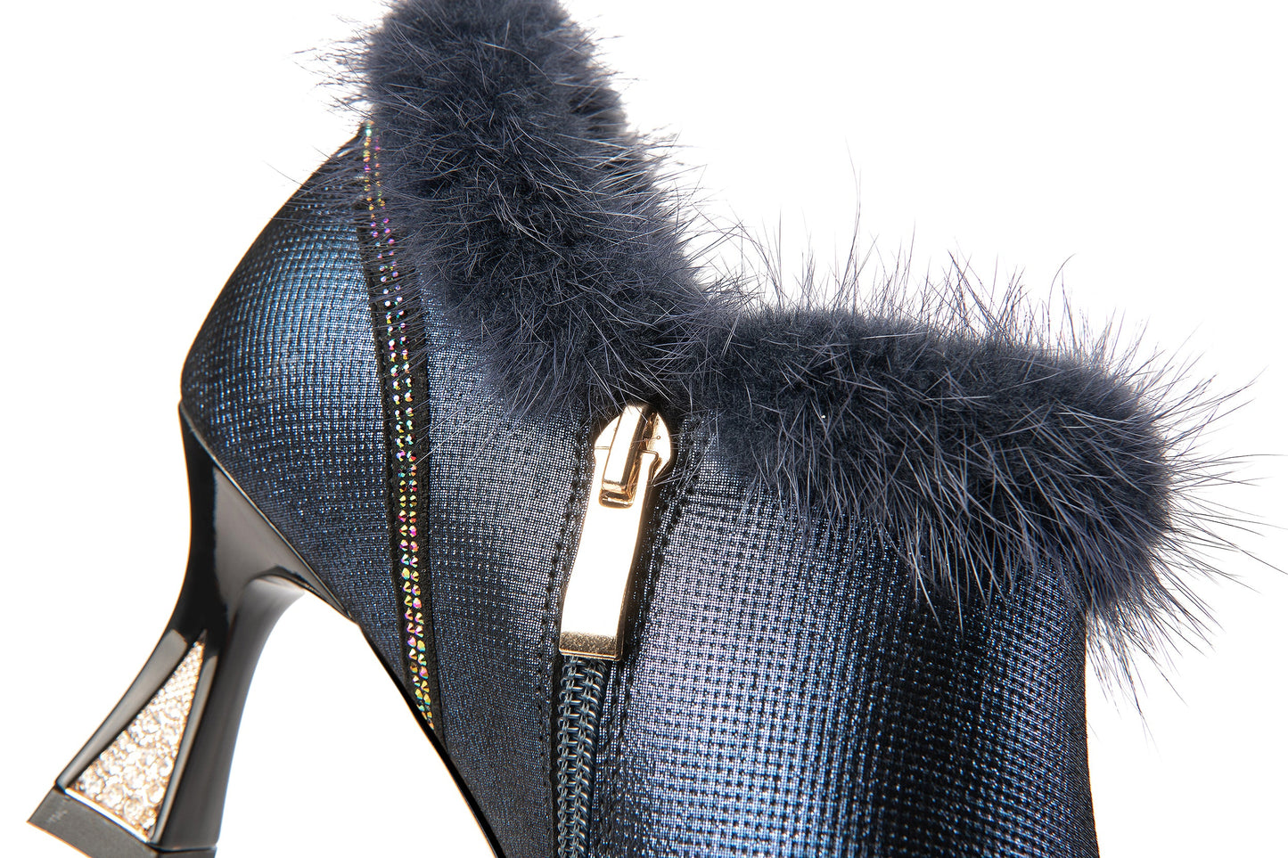 Nine Seven Handmade Women's Genuine Leather Furry Floral Side Zip Pointed Toe Mid Spool Rhinestone Heel Pumps