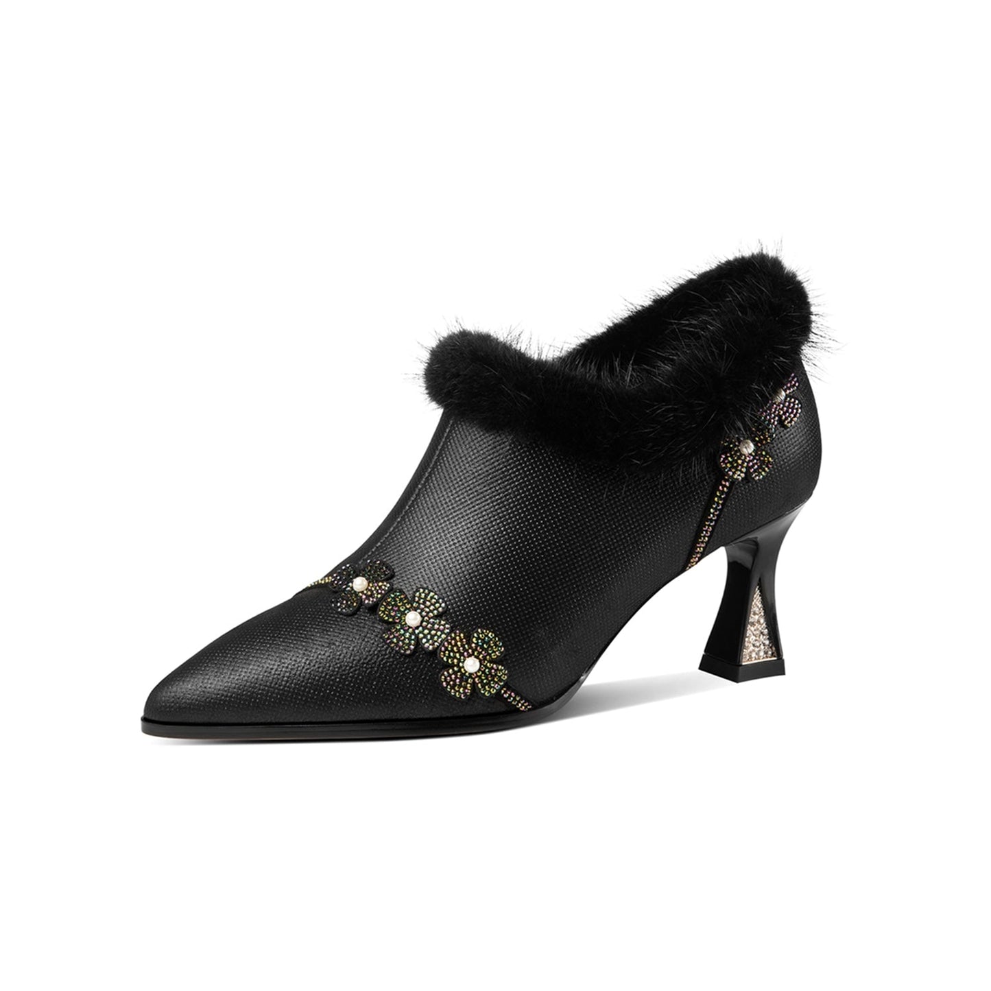 Nine Seven Handmade Women's Genuine Leather Furry Floral Side Zip Pointed Toe Mid Spool Rhinestone Heel Pumps