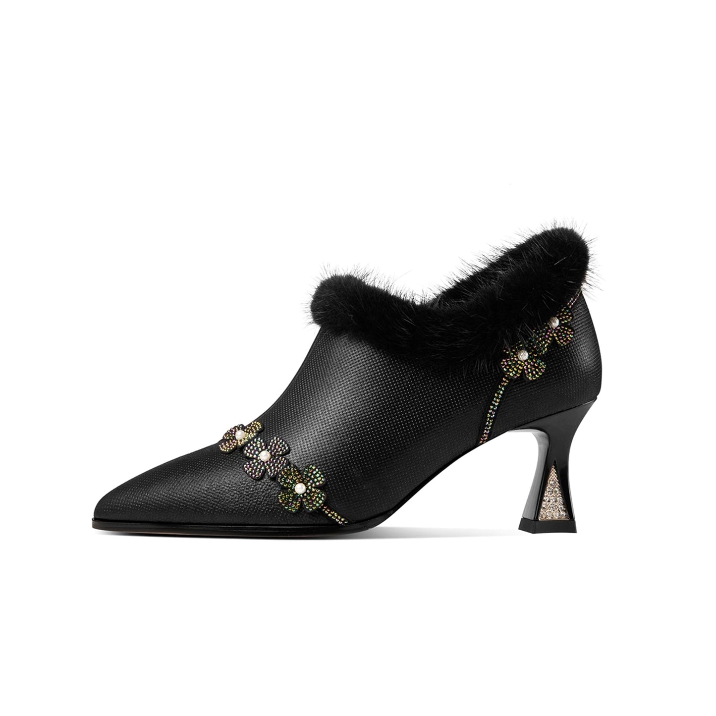 Nine Seven Handmade Women's Genuine Leather Furry Floral Side Zip Pointed Toe Mid Spool Rhinestone Heel Pumps