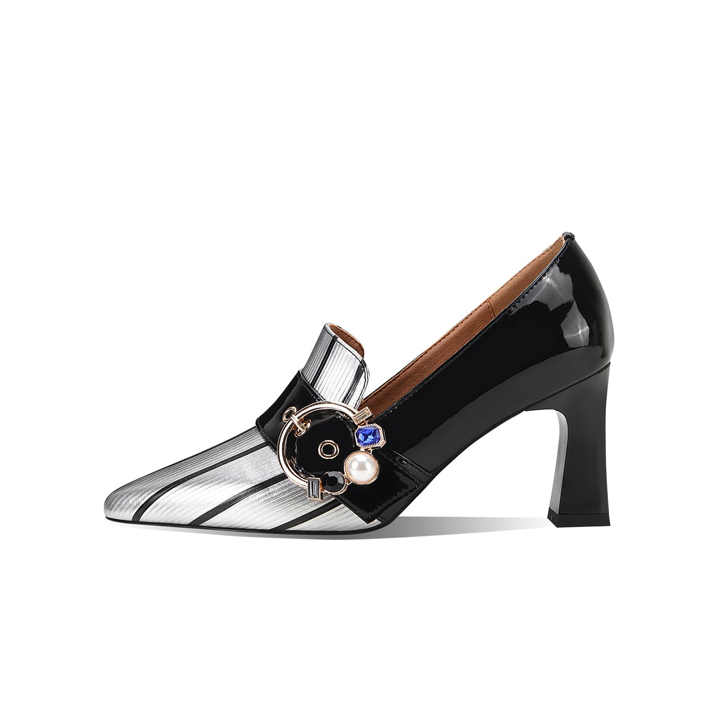 Nine Seven Women's Pointed Toe Glossy Genuine/Patent Leather Handmade Buckle Stylish Pumps Shoes with Mid Heels