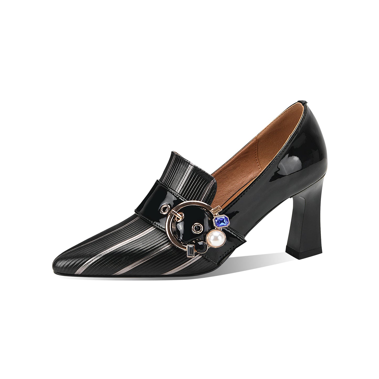 Nine Seven Women's Pointed Toe Glossy Genuine/Patent Leather Handmade Buckle Stylish Pumps Shoes with Mid Heels