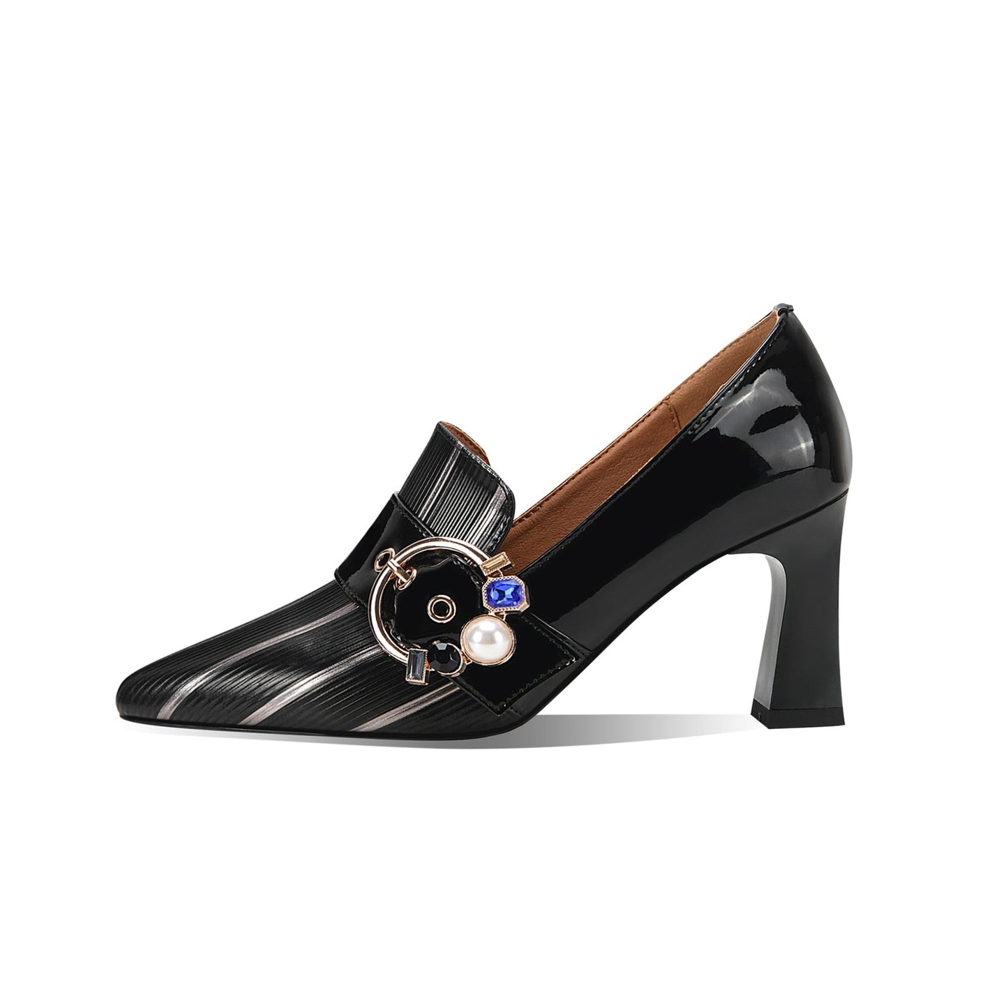 Nine Seven Women's Pointed Toe Glossy Genuine/Patent Leather Handmade Buckle Stylish Pumps Shoes with Mid Heels