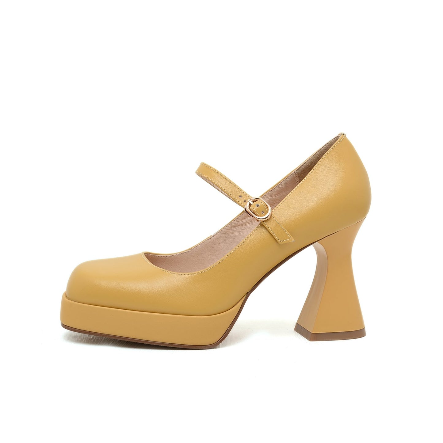 Nine Seven Women's Square Toe Genuine Leather Handmade Platform Chic High Chunky Heels Pumps Shoes with Buckle