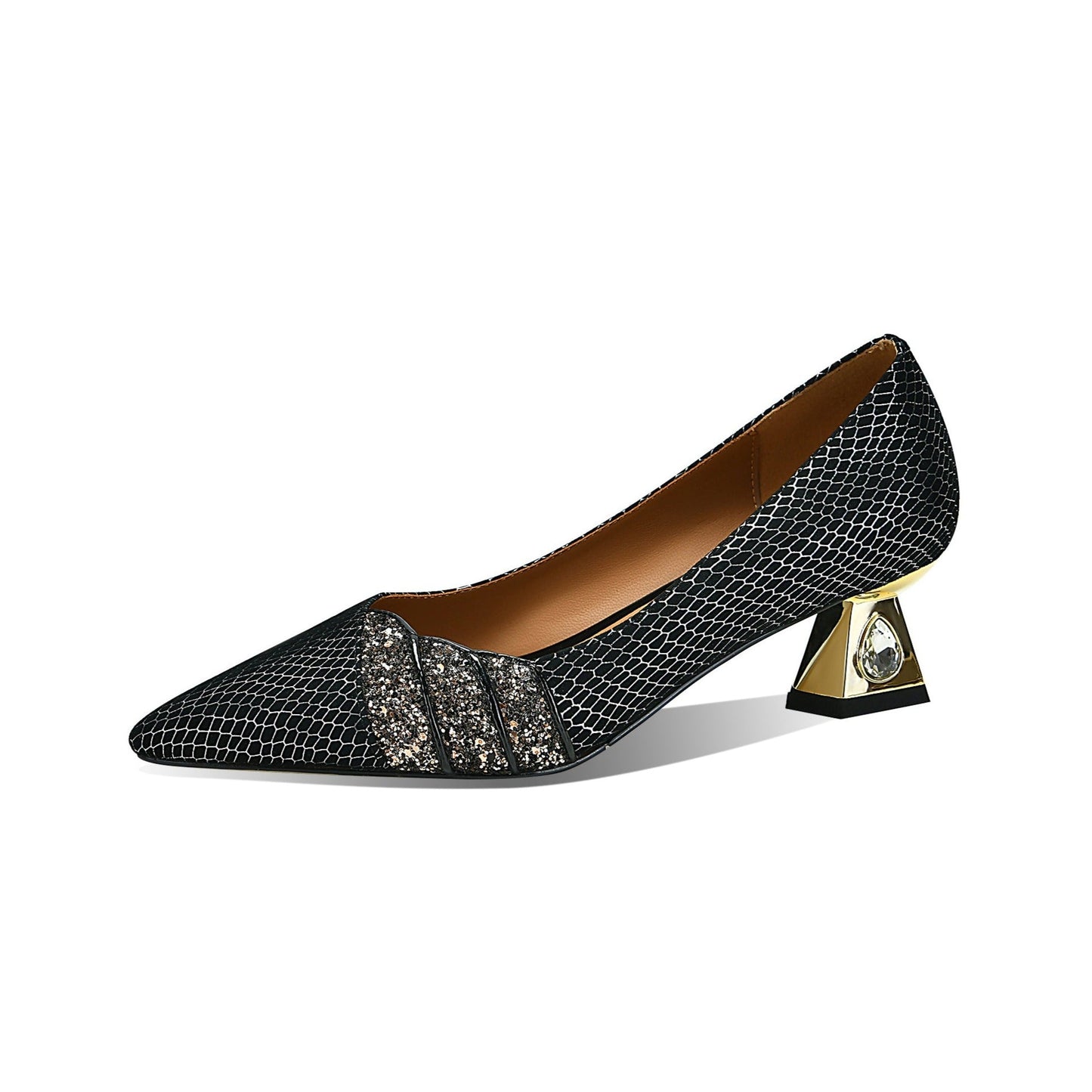Nine Seven Handmade Women's Genuine Leather Slip On Pointed Toe Gold Chunky Heel Pumps Shoes