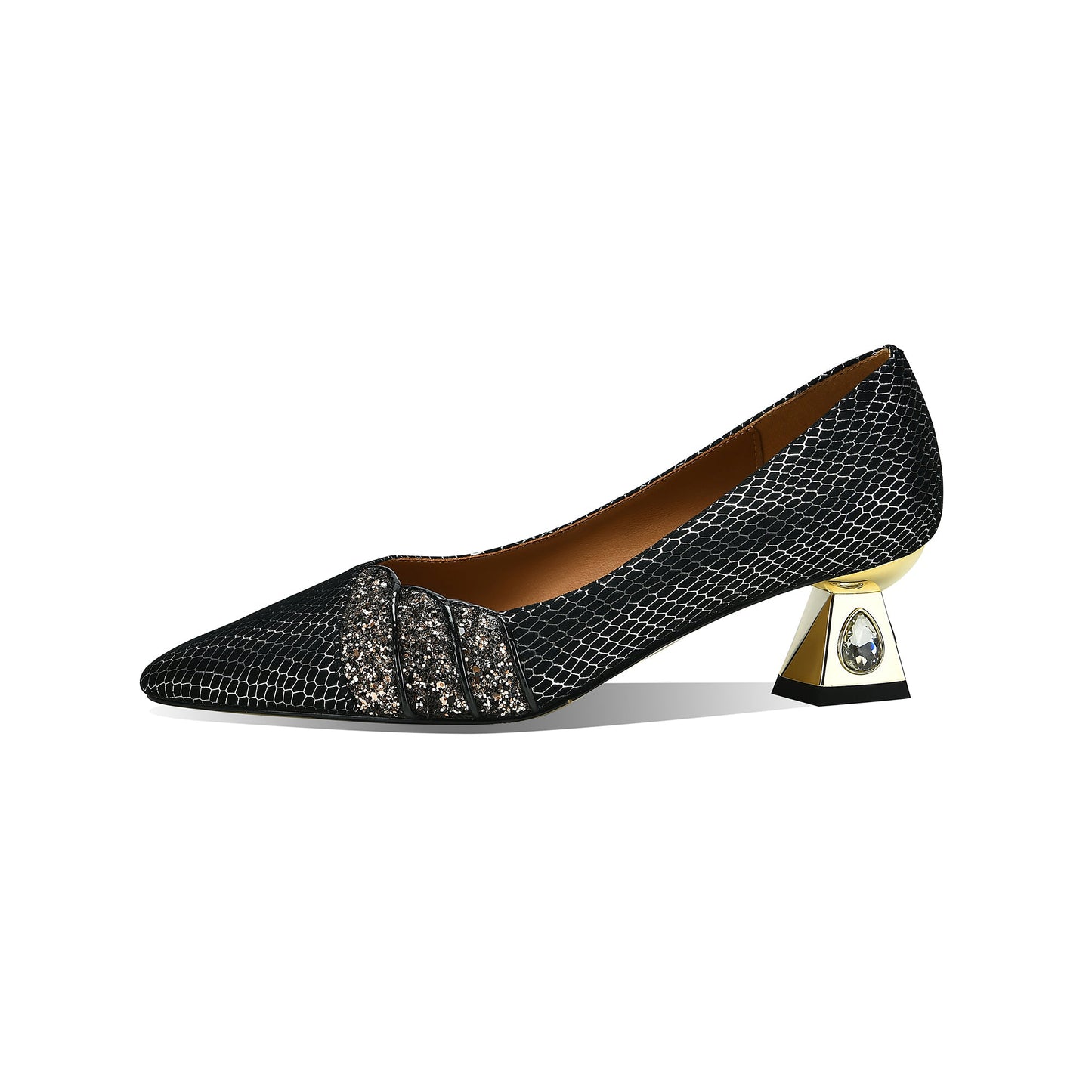 Nine Seven Handmade Women's Genuine Leather Slip On Pointed Toe Gold Chunky Heel Pumps Shoes