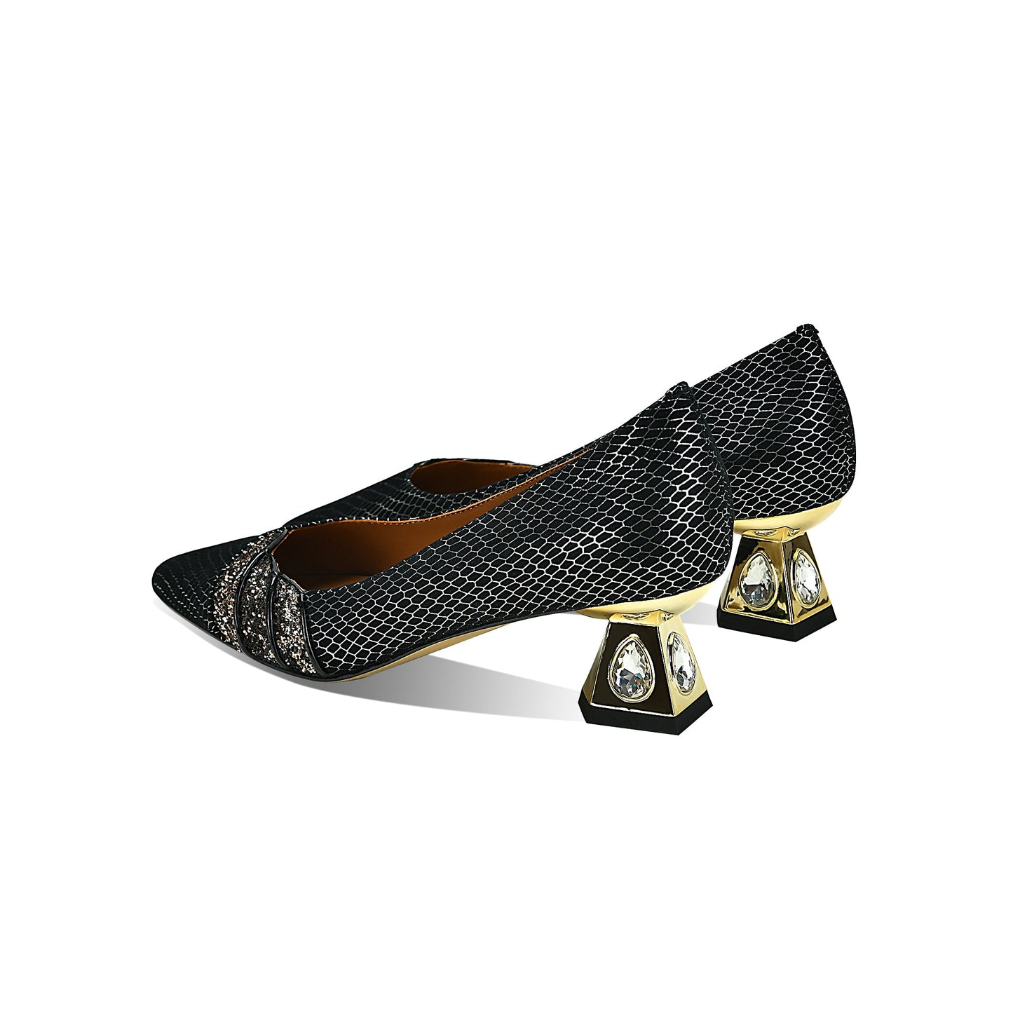 Nine Seven Handmade Women's Genuine Leather Slip On Pointed Toe Gold Chunky Heel Pumps Shoes