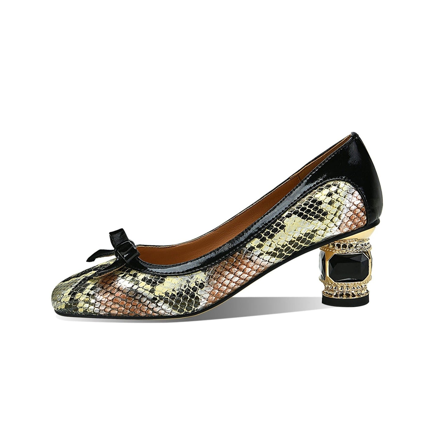 Nine Seven Handmade Women's Genuine Leather Snakeskin Assorted Color Slip On Square Toe Mid Cone Heel Pumps Shoes