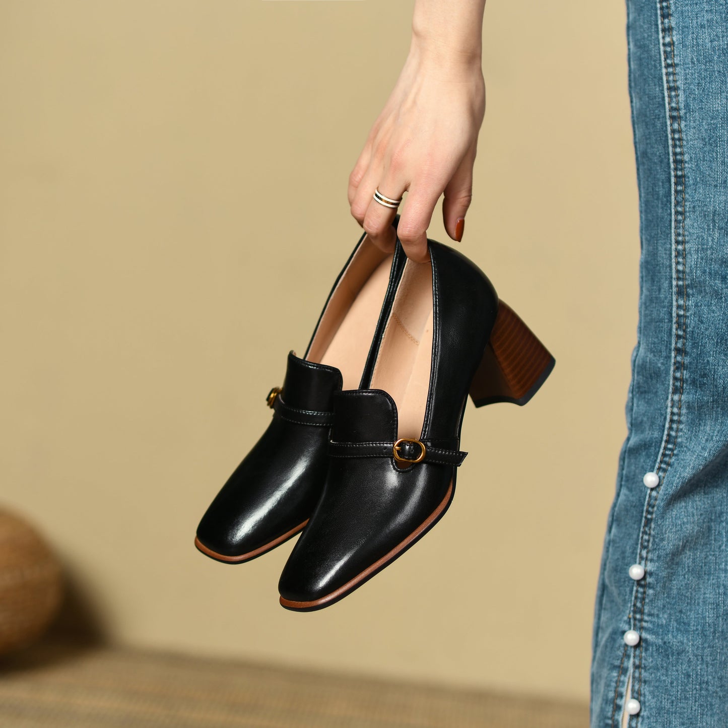 Nine Seven Women's Genuine Leather Square Toe Handmade Buckle Mid Chunky Heels Vintage Pumps Shoes