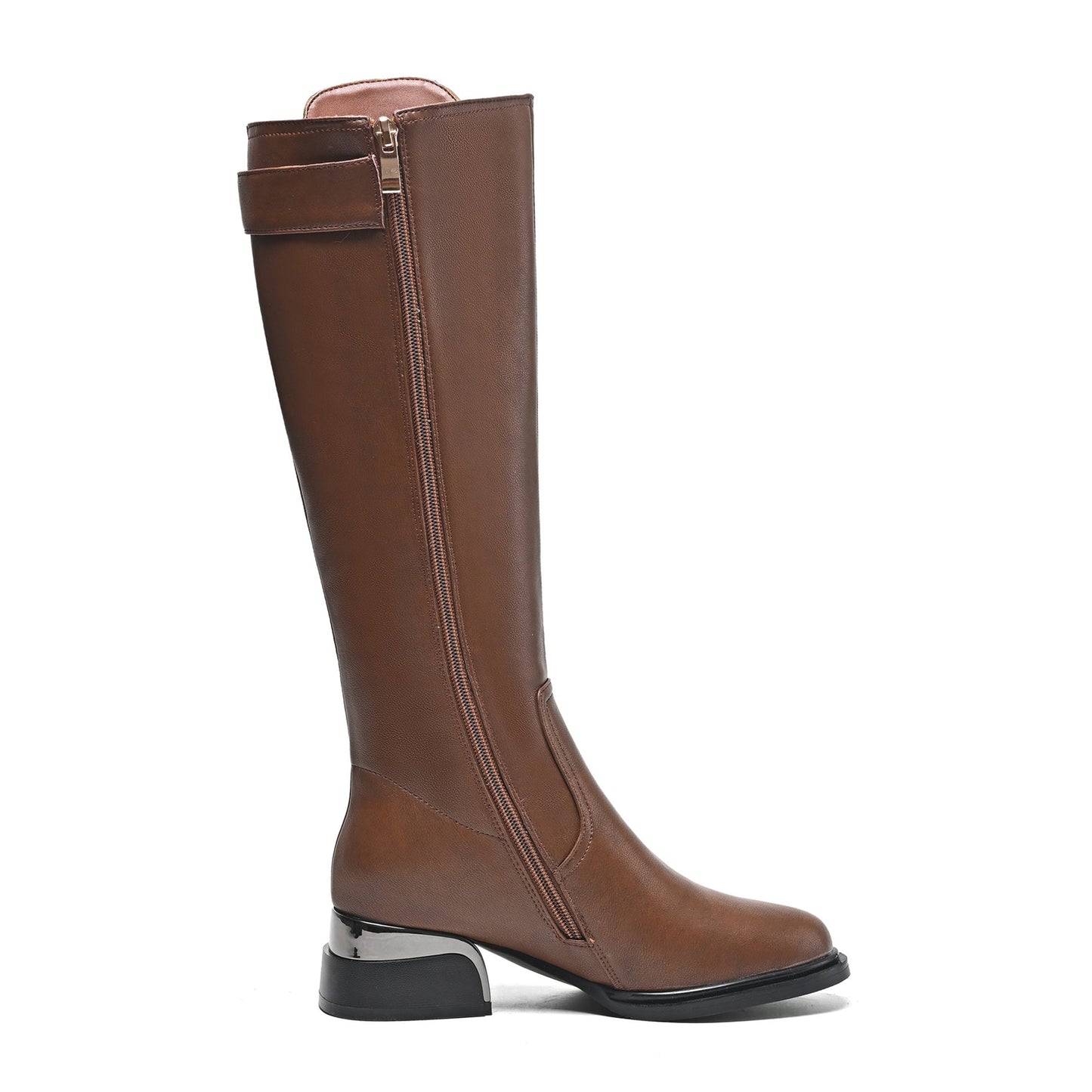 Nine Seven Women's Round Toe Genuine Leather Handmade Side Zipper Low Chunky Heels Casual Knee High Boots with Buckle