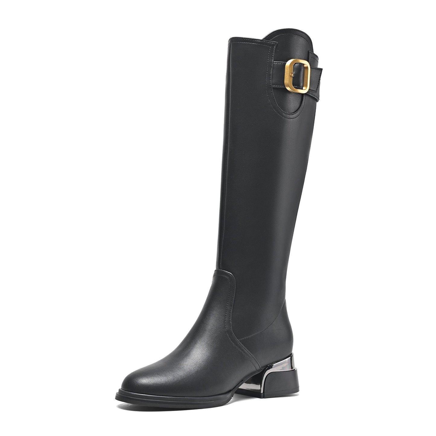 Nine Seven Women's Round Toe Genuine Leather Handmade Side Zipper Low Chunky Heels Casual Knee High Boots with Buckle