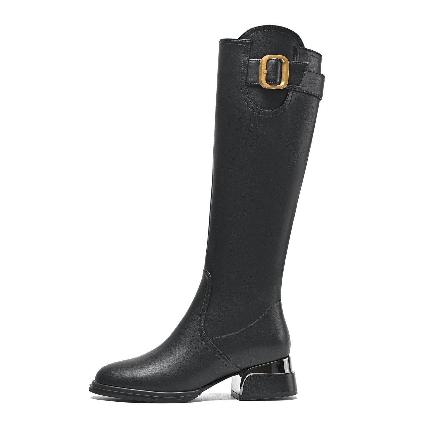 Nine Seven Women's Round Toe Genuine Leather Handmade Side Zipper Low Chunky Heels Casual Knee High Boots with Buckle