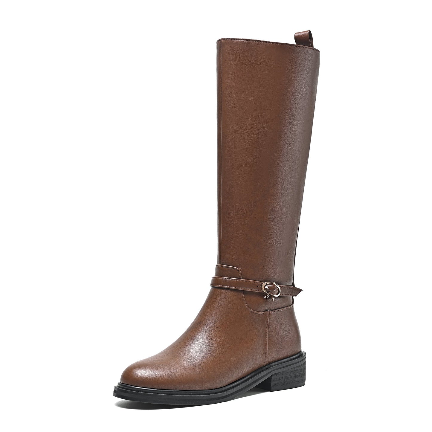 Nine Seven Women's Genuine Leather Round Toe Handmade Side Zipper Low Chunky Heels Trendy Knee High Boots