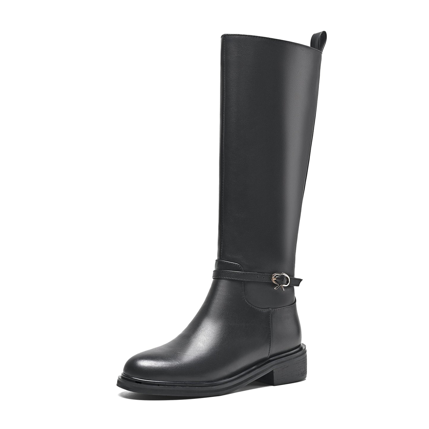 Nine Seven Women's Genuine Leather Round Toe Handmade Side Zipper Low Chunky Heels Trendy Knee High Boots