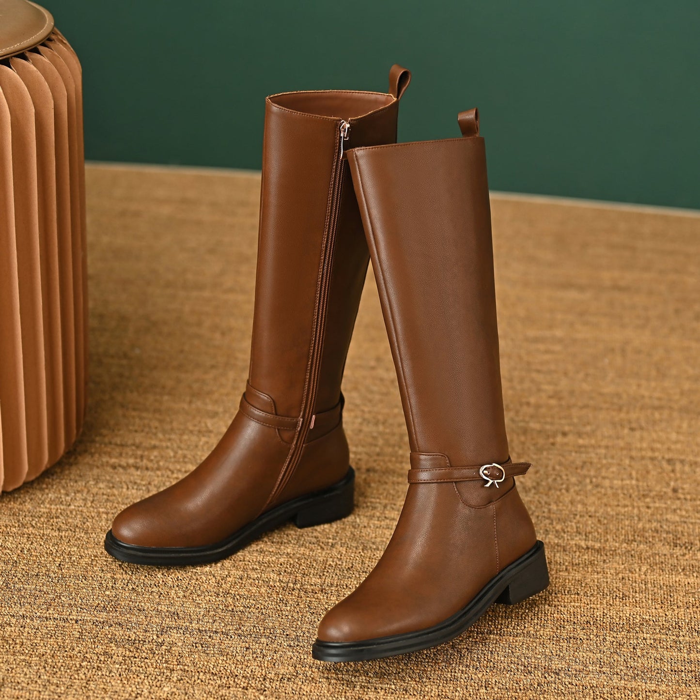 Nine Seven Women's Genuine Leather Round Toe Handmade Side Zipper Low Chunky Heels Trendy Knee High Boots