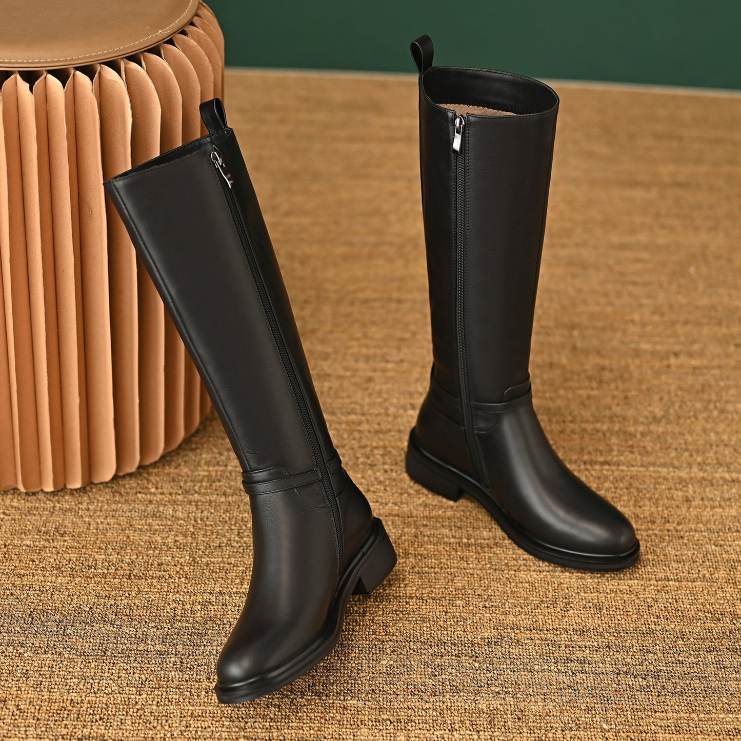 Nine Seven Women's Genuine Leather Round Toe Handmade Side Zipper Low Chunky Heels Trendy Knee High Boots
