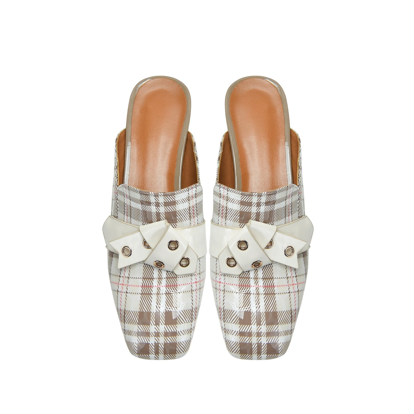 Nine Seven Women's Square Toe Plaid Genuine Leather Handmade Buckle Decor Stylish Low Heel Sandal Slippers