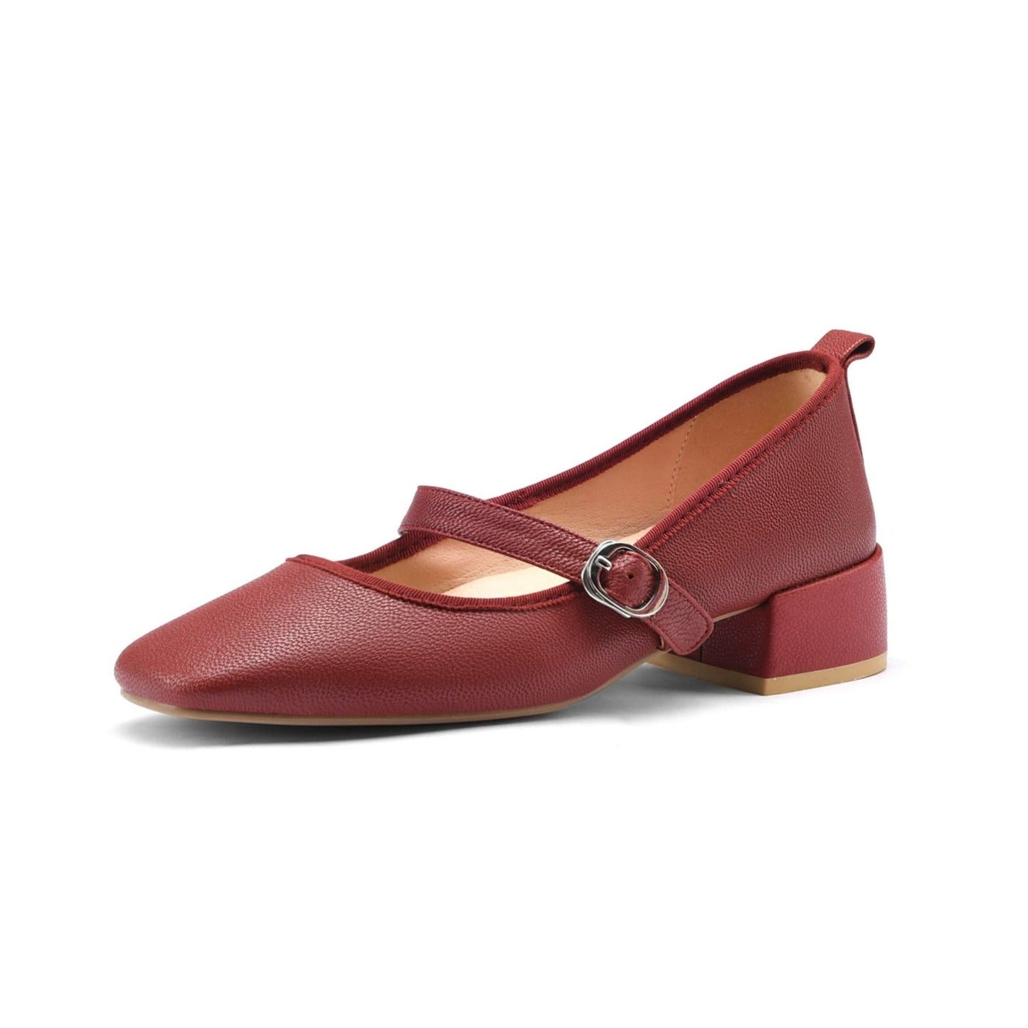 Nine Seven Women's Genuine Leather Square Toe Handmade Buckle Low Chunky Heels Casual Mary Jane Shoes