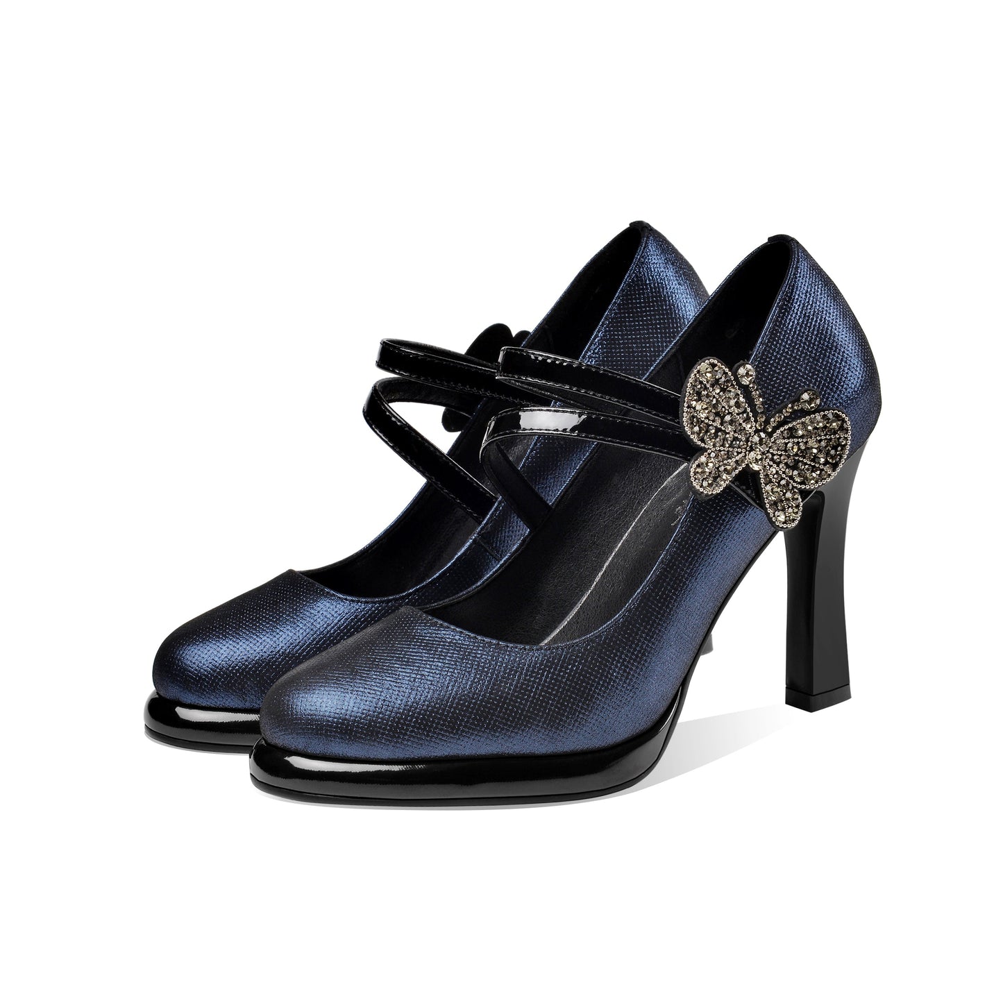 Nine Seven Women's Leather Handmade Round Toe Belts High Heel Pumps with Butterfly Décor