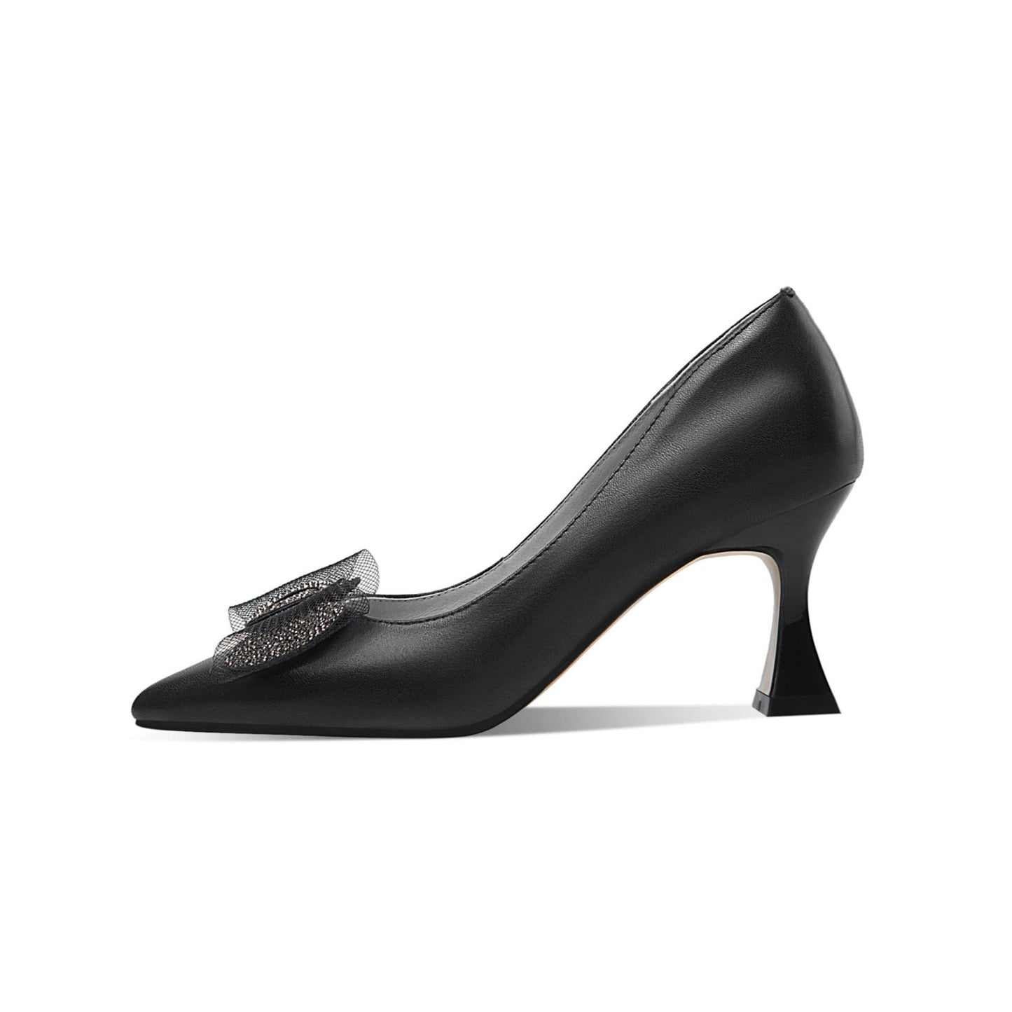 Nine Seven Women's Handmade Genuine Leather Pointed Toe High Spool Heel Easy Slip On Loafer Pump Shoes with Graceful Bow