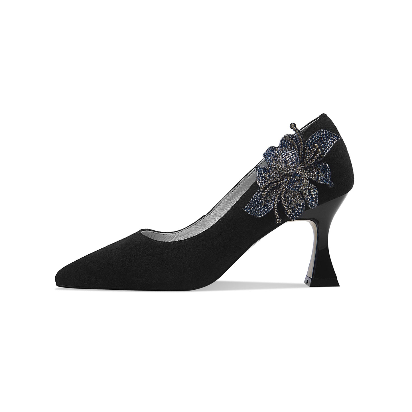 Nine Seven Women's Suede Leather Handmade Clear Pointed Toe Glitter Blue Flower Decor Slip On High Spool Heel Pump Shoes