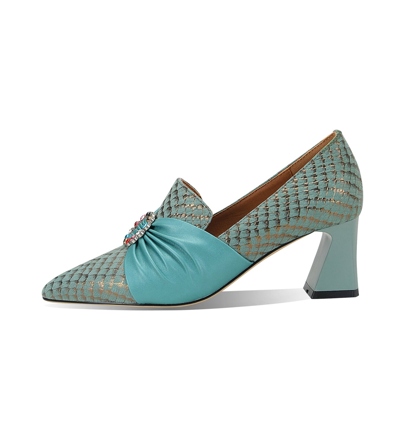 Nine Seven Women's Pointed Toe Genuine Leather Handmade Mid Chunky Heels Graceful Pumps Shoes