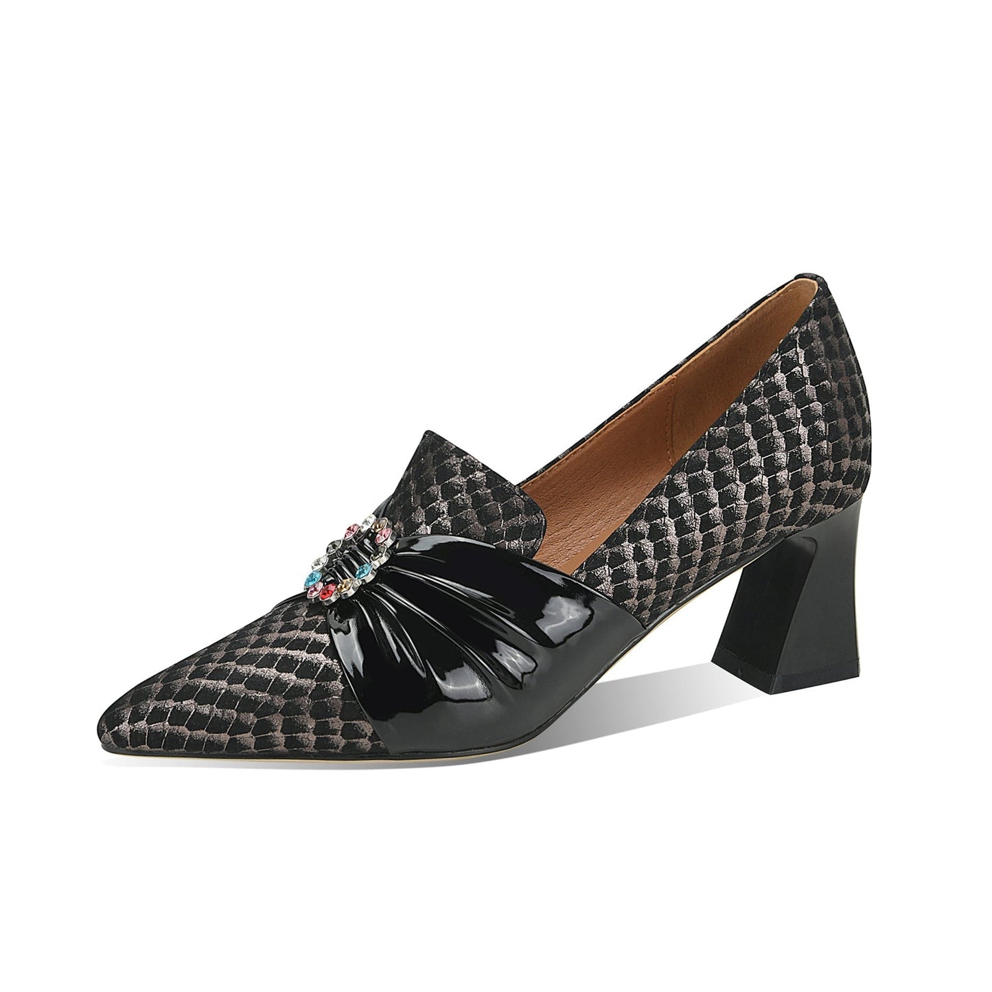 Nine Seven Women's Pointed Toe Genuine Leather Handmade Mid Chunky Heels Graceful Pumps Shoes
