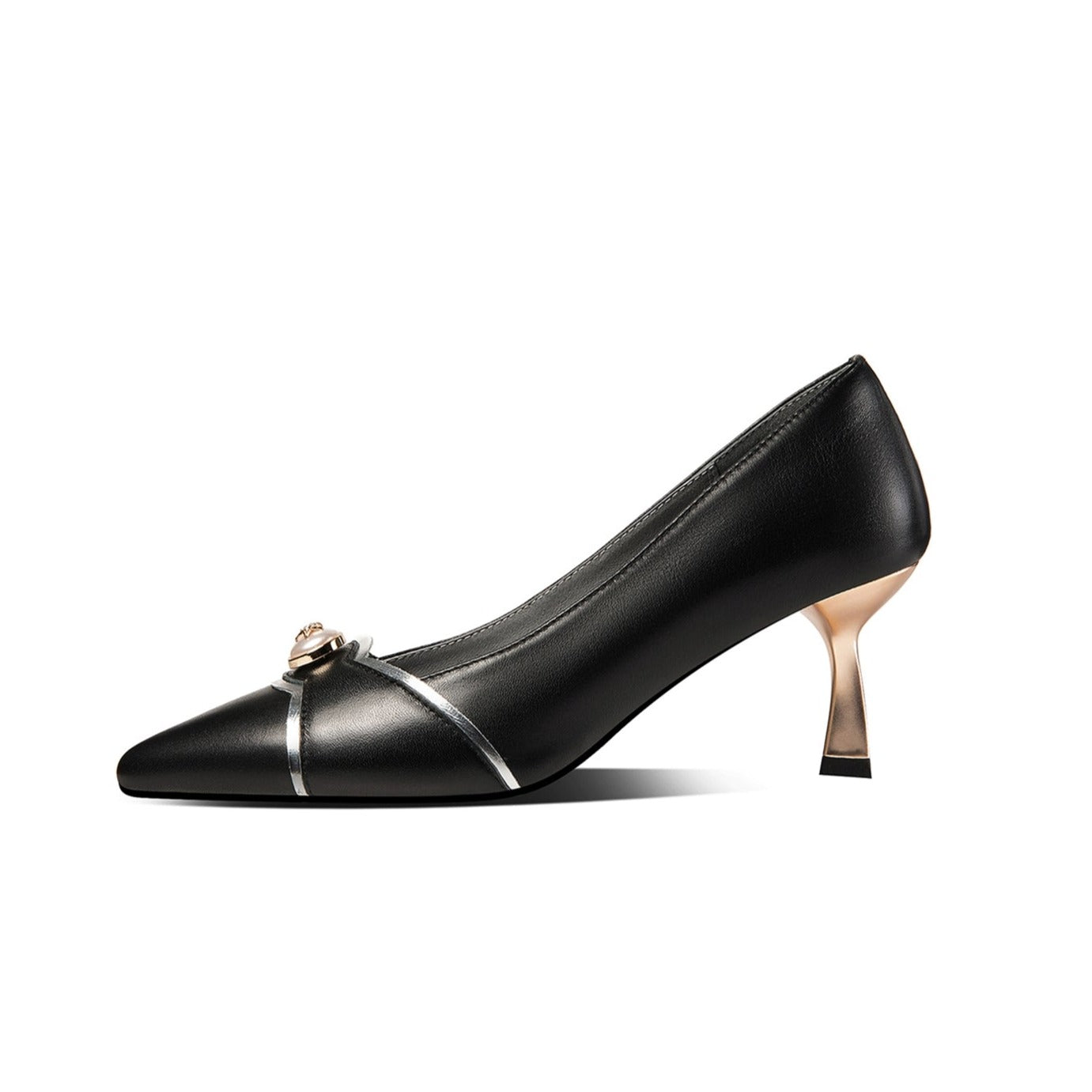 Nine Seven Women's Handmade Genuine Leather Pointed Toe Sexy Metal Kitten Heel Pumps with Glitter Star Pearl