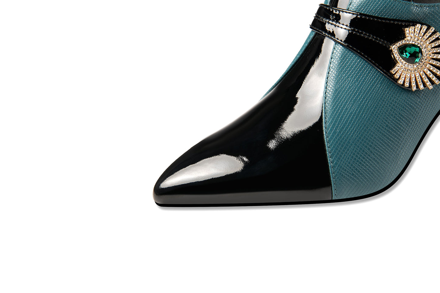 Nine Seven Women's Patent and Genuine Leather Handmade Pointed Toe Spool Heel Green Crystal Side Zip Oxford Pumps