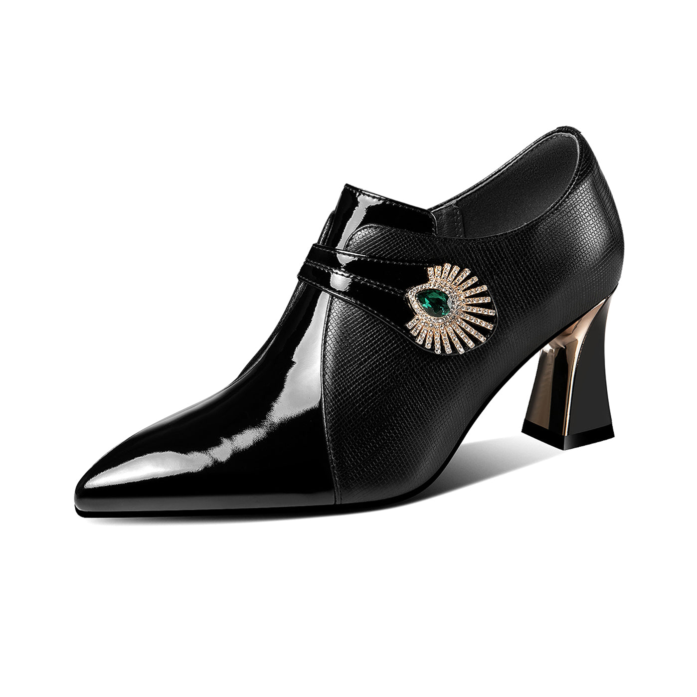 Nine Seven Women's Patent and Genuine Leather Handmade Pointed Toe Spool Heel Green Crystal Side Zip Oxford Pumps