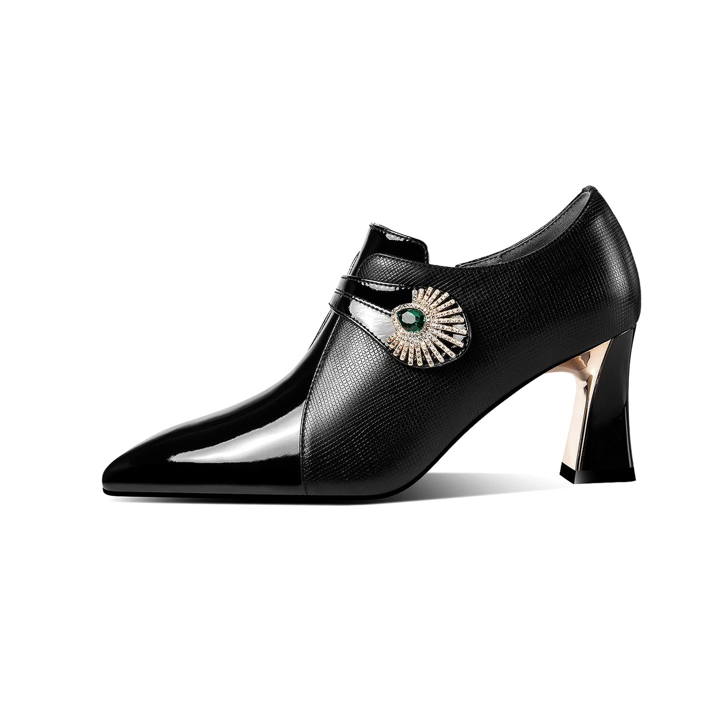 Nine Seven Women's Patent and Genuine Leather Handmade Pointed Toe Spool Heel Green Crystal Side Zip Oxford Pumps
