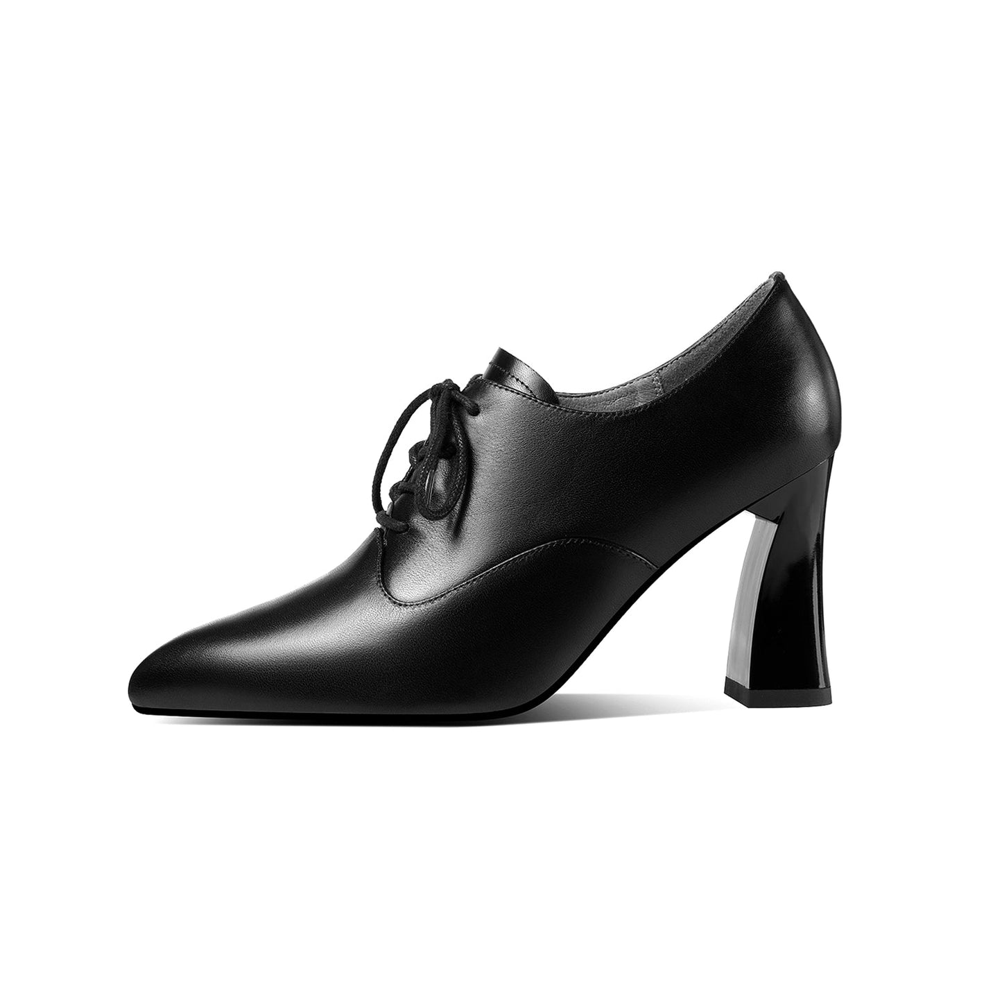 Nine Seven Women's Genuine Leather Handmade Pointed Toe High Chunky Heel Lace Up Stylish Oxford Pumps