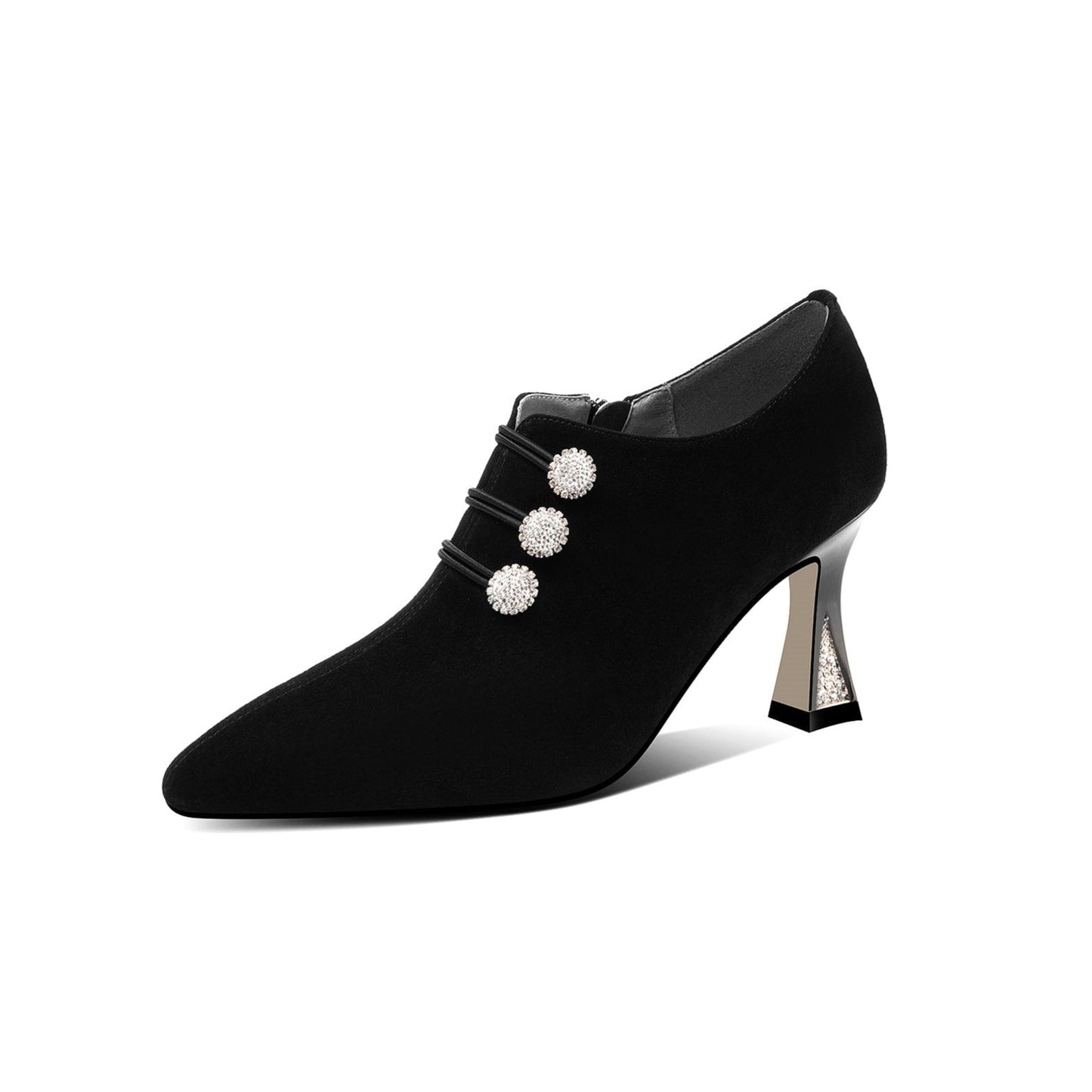 Nine Seven Women's Suede Leather Handmade Sexy Spool Heel Pointed Toe Side Zip Up Oxford Dress Pumps with Glitter Rhinestone