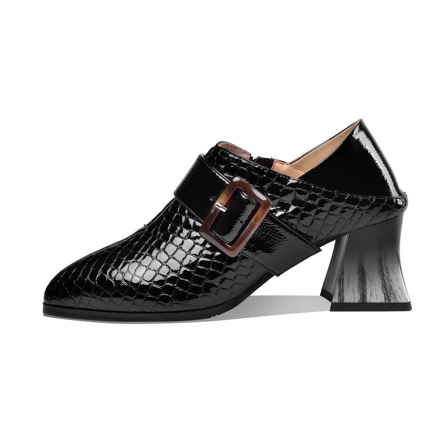 Nine Seven Women's Patent Leather Pointed Toe Handmade Side Zipper Mid Chunky Heels Stylish Pumps with Buckle