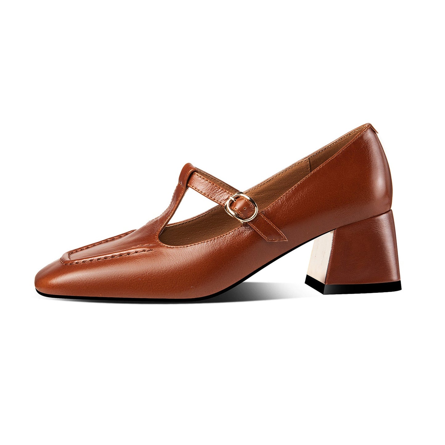 Nine Seven Women's Genuine Leather Square Toe Handmade Comfortable Block Heel T-Shaped Buckle Pump Shoes