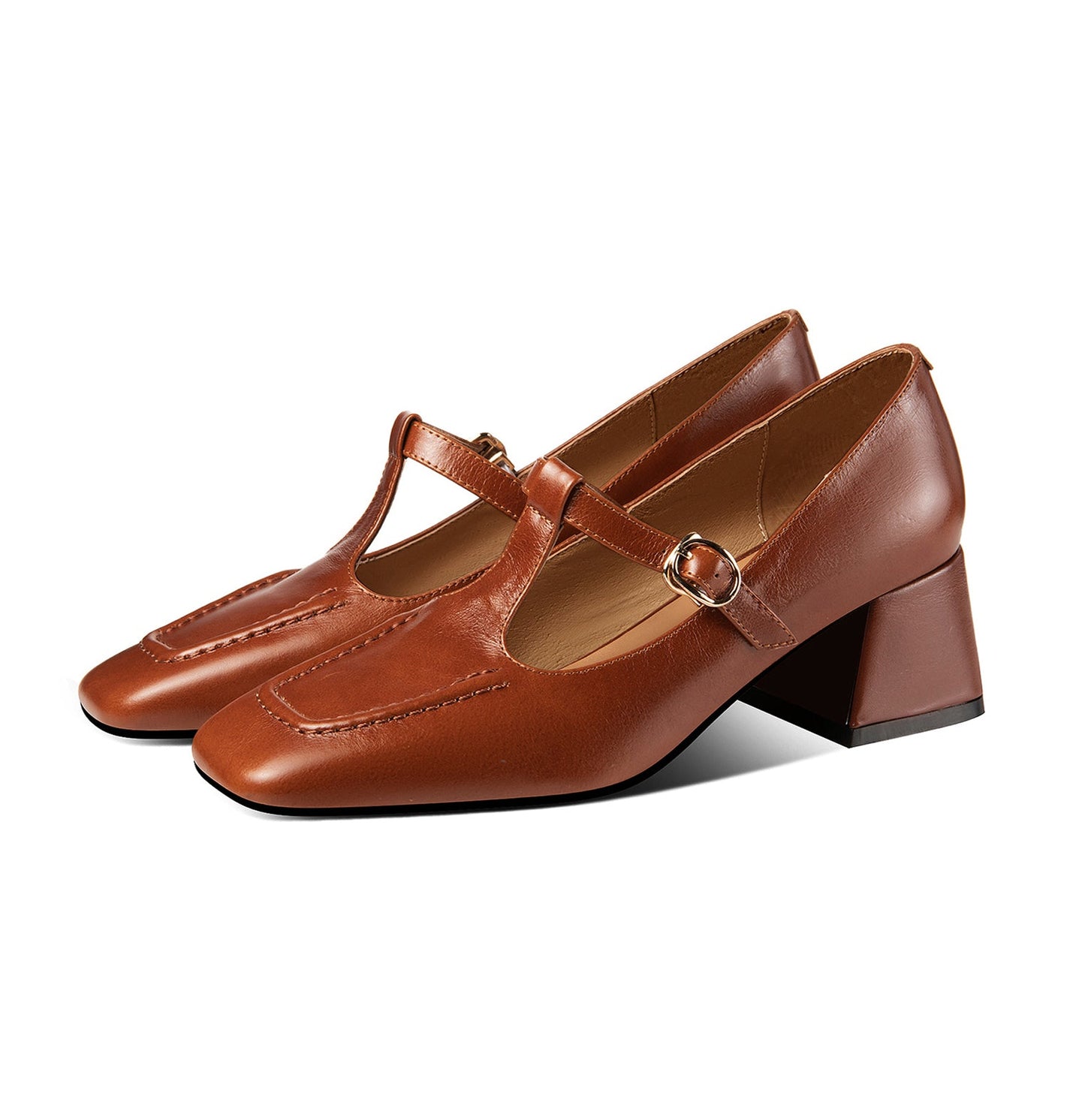 Nine Seven Women's Genuine Leather Square Toe Handmade Comfortable Block Heel T-Shaped Buckle Pump Shoes