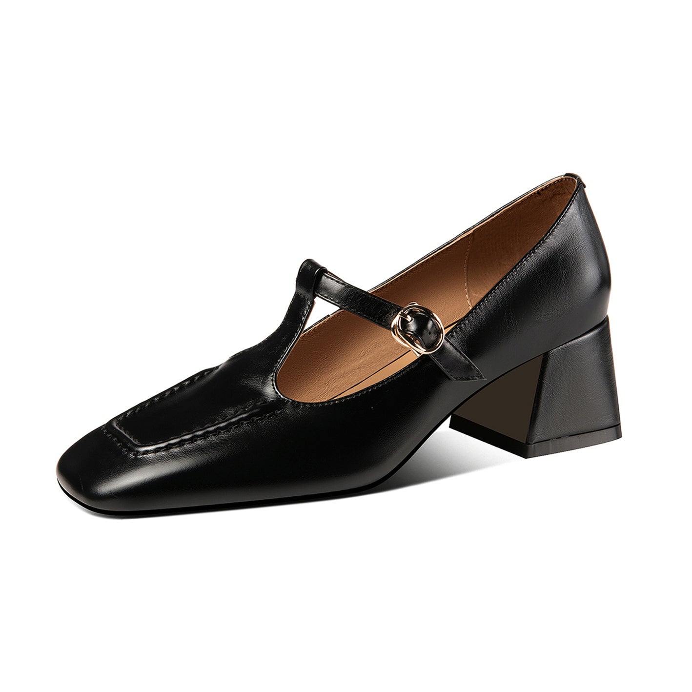 Nine Seven Women's Genuine Leather Square Toe Handmade Comfortable Block Heel T-Shaped Buckle Pump Shoes
