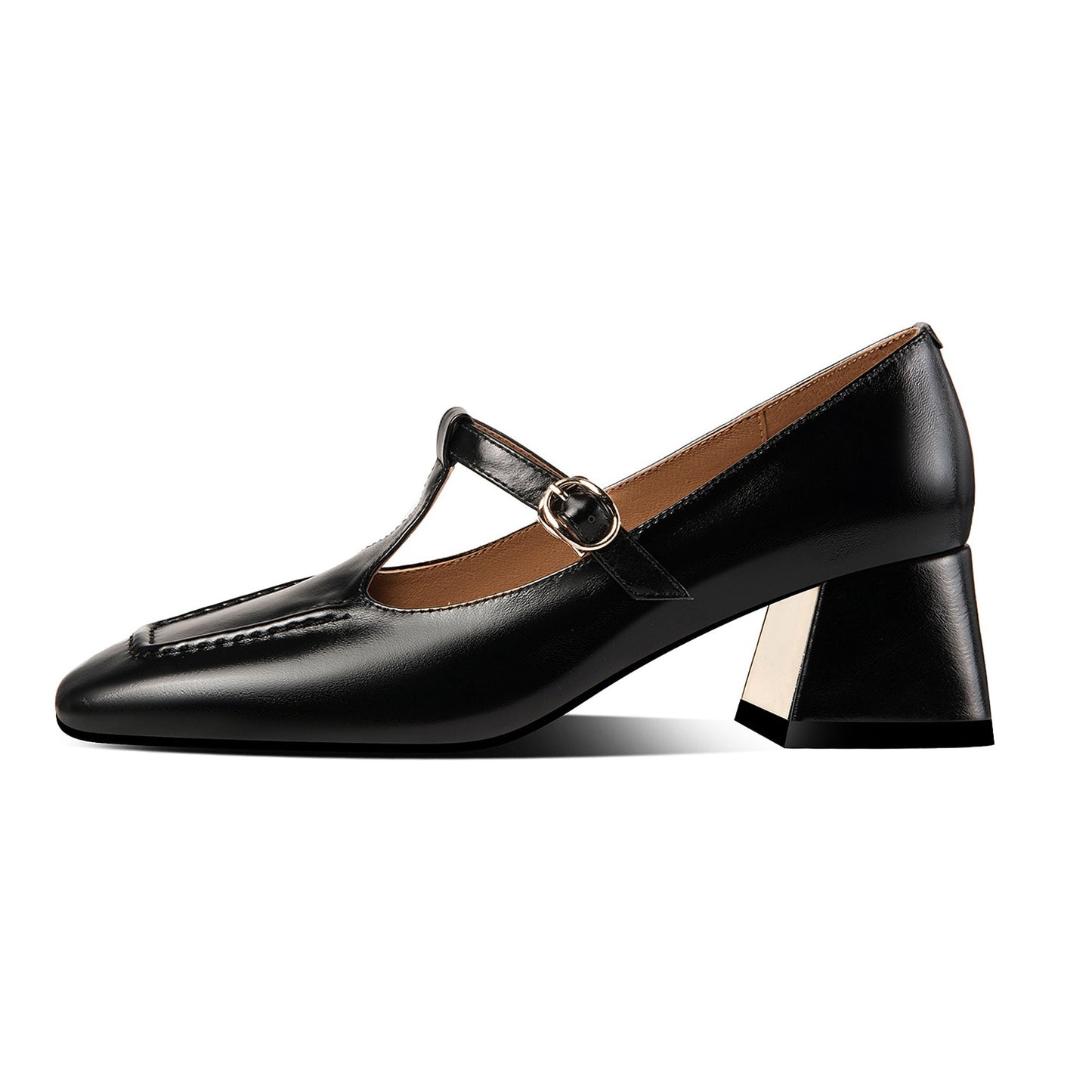Nine Seven Women's Genuine Leather Square Toe Handmade Comfortable Block Heel T-Shaped Buckle Pump Shoes