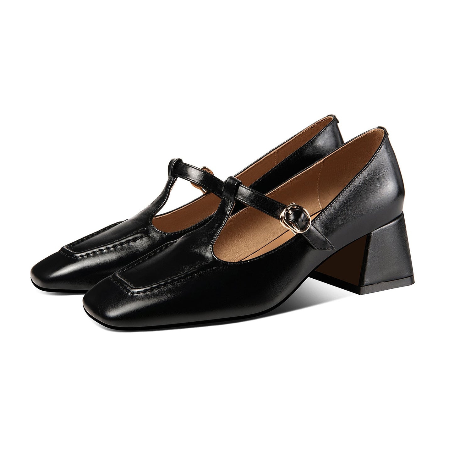 Nine Seven Women's Genuine Leather Square Toe Handmade Comfortable Block Heel T-Shaped Buckle Pump Shoes