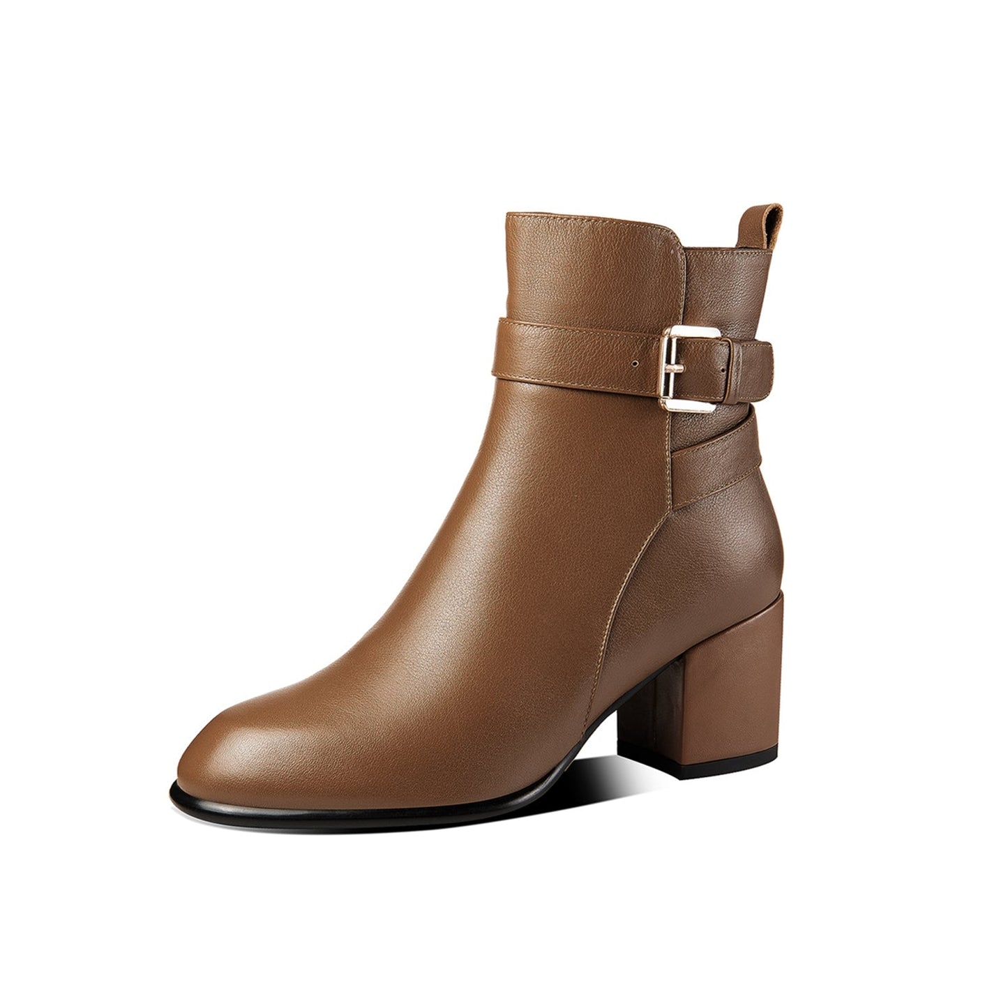 Nine Seven Women's Handmade Genuine Leather Chunky Heel Side Zip Up Round Toe Buckle Design Stylish Ankle Boots
