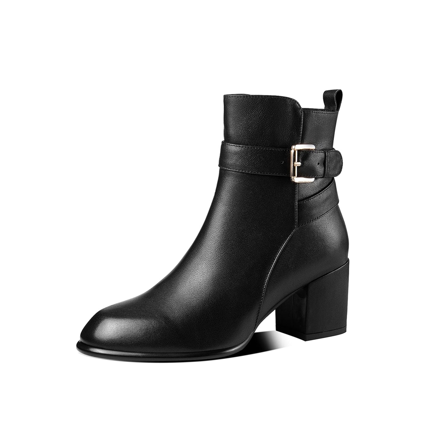 Nine Seven Women's Handmade Genuine Leather Chunky Heel Side Zip Up Round Toe Buckle Design Stylish Ankle Boots